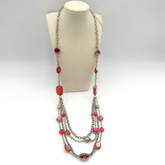 Multi Strand Layered Necklace Bib Coral Pink Faceted Beads 32" Silver Tone Chain - Picture 2 of 7